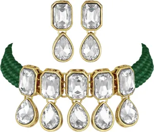 Aheli Crystal Pearl Ethnic Bridal Choker Necklace with Earrings Indian Traditional Bollywood Jewelry Set Gift for Women