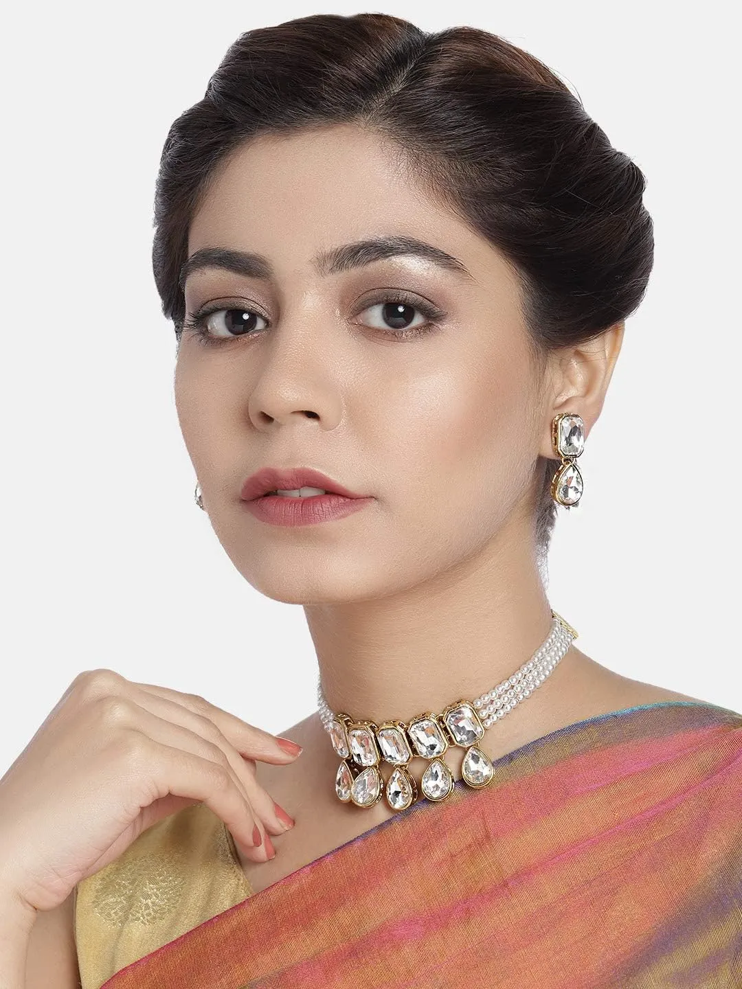 Aheli Crystal Pearl Ethnic Bridal Choker Necklace with Earrings Indian Traditional Bollywood Jewelry Set Gift for Women