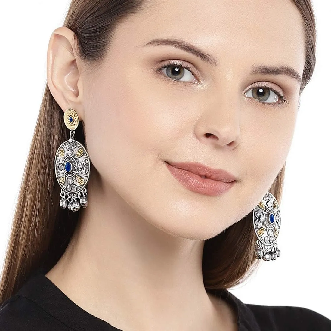 Aheli Designer Dual Tone Oxidized Dangle Drop Earrings Jhumkis Set Silver Plated Indian Ethnic Fashion Jewelry Gift for Women