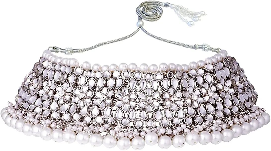 Aheli Elegant Indian Traditional Wedding Wear Kundan Pearl Encrusted Choker Necklace Set with Jhumki Earrings Ethnic Bollywood Party Gift for Women