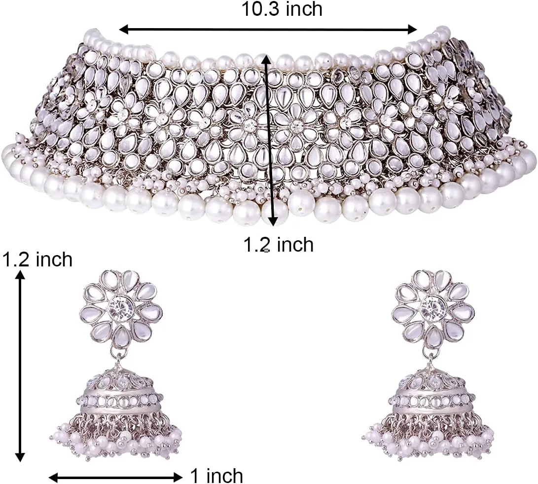 Aheli Elegant Indian Traditional Wedding Wear Kundan Pearl Encrusted Choker Necklace Set with Jhumki Earrings Ethnic Bollywood Party Gift for Women