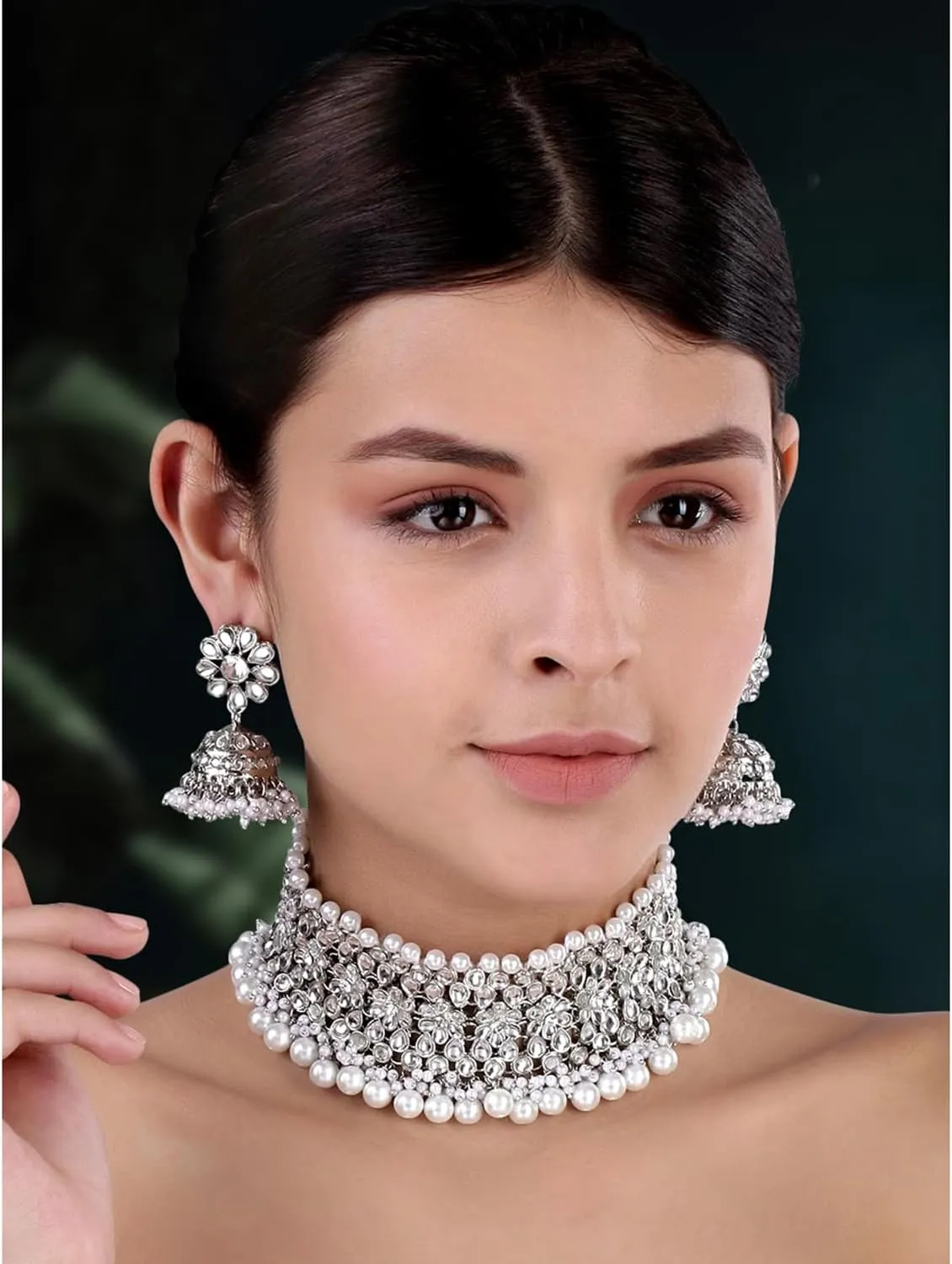 Aheli Elegant Indian Traditional Wedding Wear Kundan Pearl Encrusted Choker Necklace Set with Jhumki Earrings Ethnic Bollywood Party Gift for Women