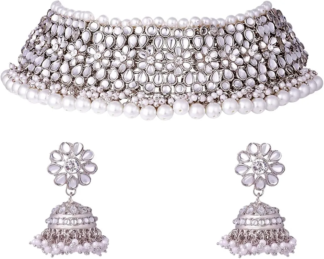Aheli Elegant Indian Traditional Wedding Wear Kundan Pearl Encrusted Choker Necklace Set with Jhumki Earrings Ethnic Bollywood Party Gift for Women
