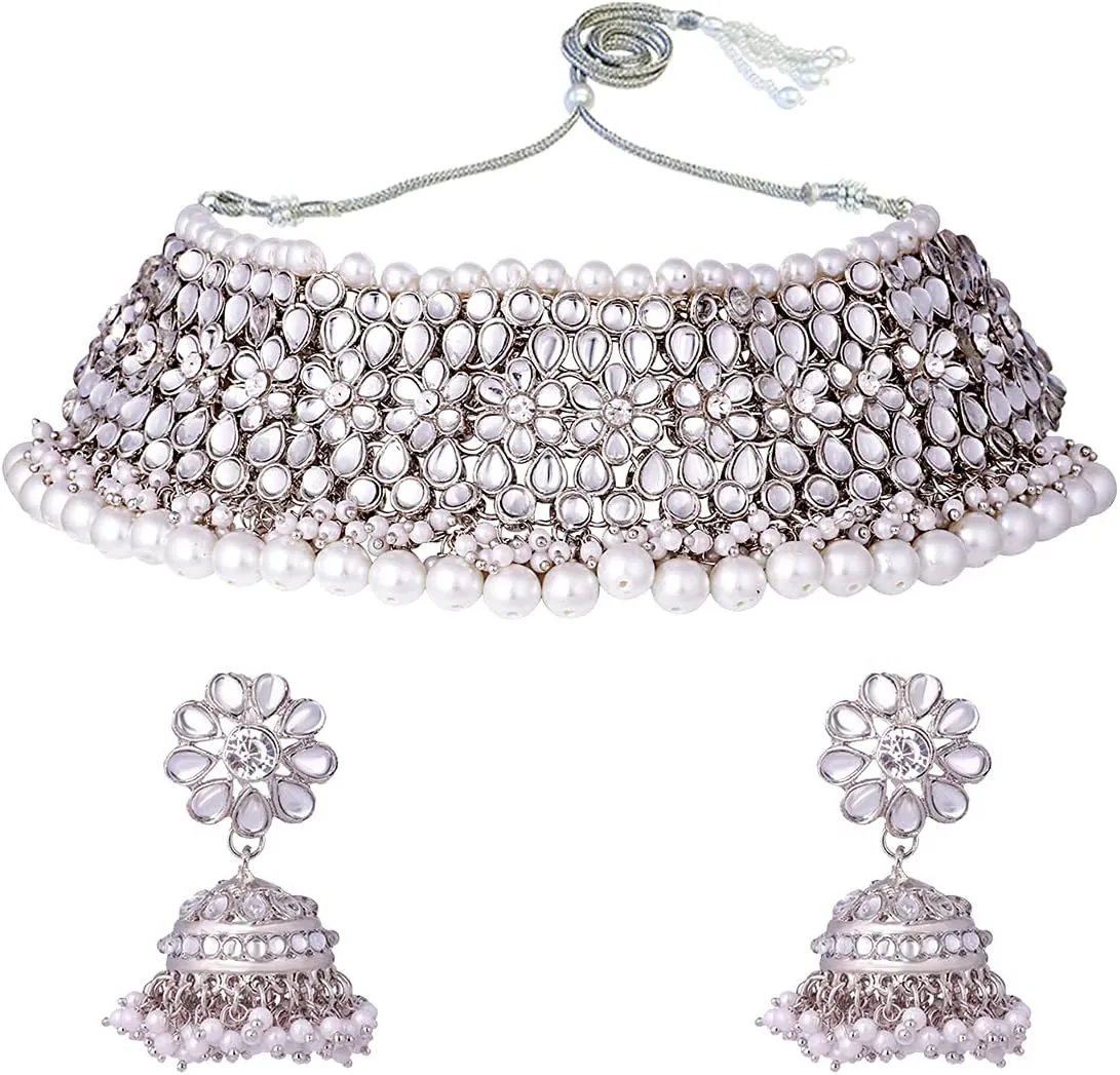 Aheli Elegant Indian Traditional Wedding Wear Kundan Pearl Encrusted Choker Necklace Set with Jhumki Earrings Ethnic Bollywood Party Gift for Women