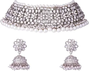 Aheli Elegant Indian Traditional Wedding Wear Kundan Pearl Encrusted Choker Necklace Set with Jhumki Earrings Ethnic Bollywood Party Gift for Women
