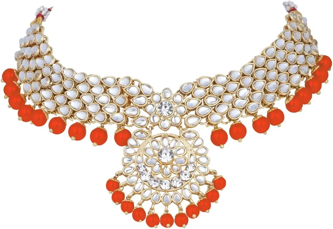 Aheli Elegant Wedding Party Wear Faux Kundan Studded Short Necklace Earrings with Maang Tikka Set Indian Ethnic Bollywood Fashion Jewelry Gift for Women