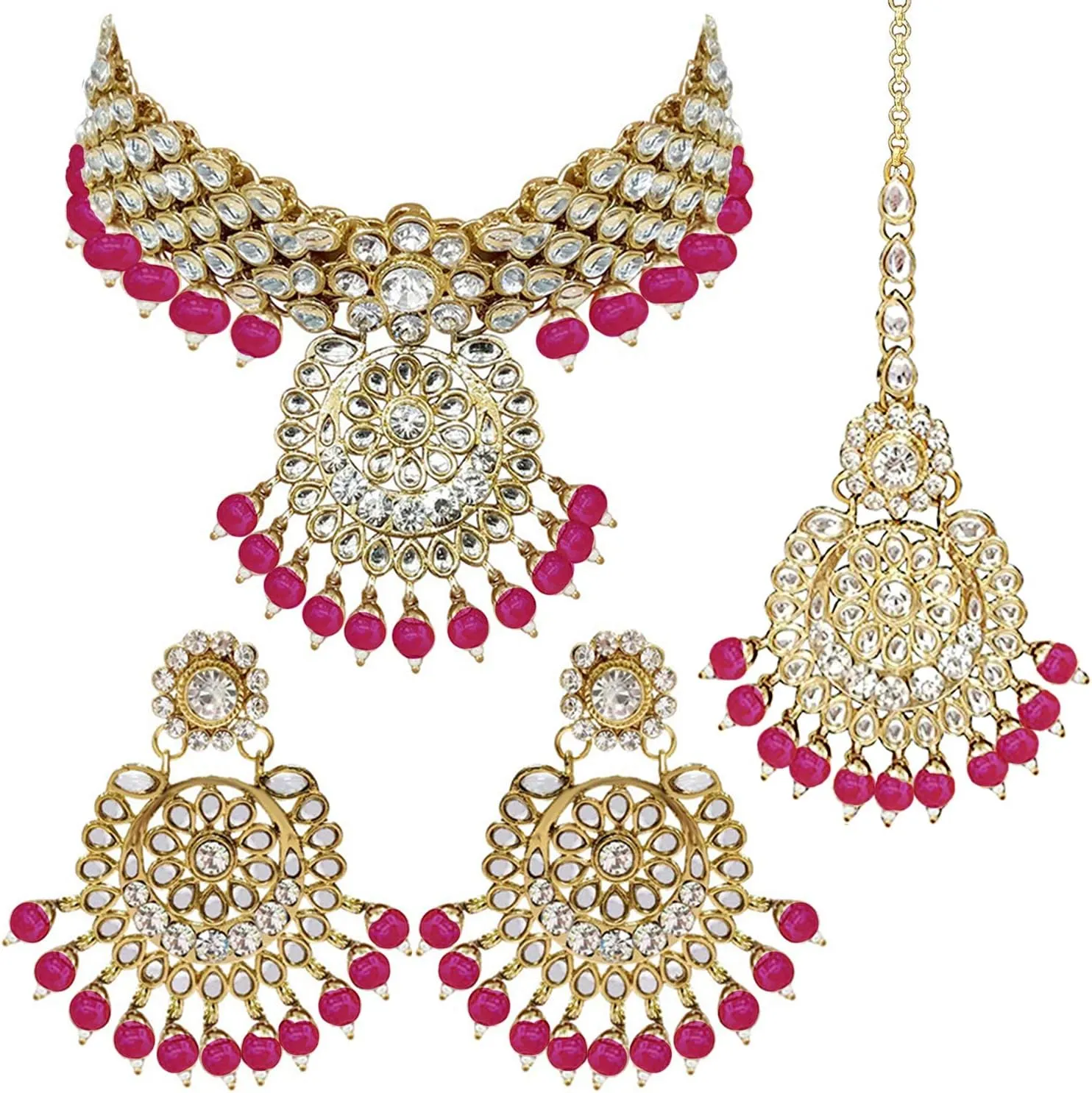 Aheli Elegant Wedding Party Wear Faux Kundan Studded Short Necklace Earrings with Maang Tikka Set Indian Ethnic Bollywood Fashion Jewelry Gift for Women
