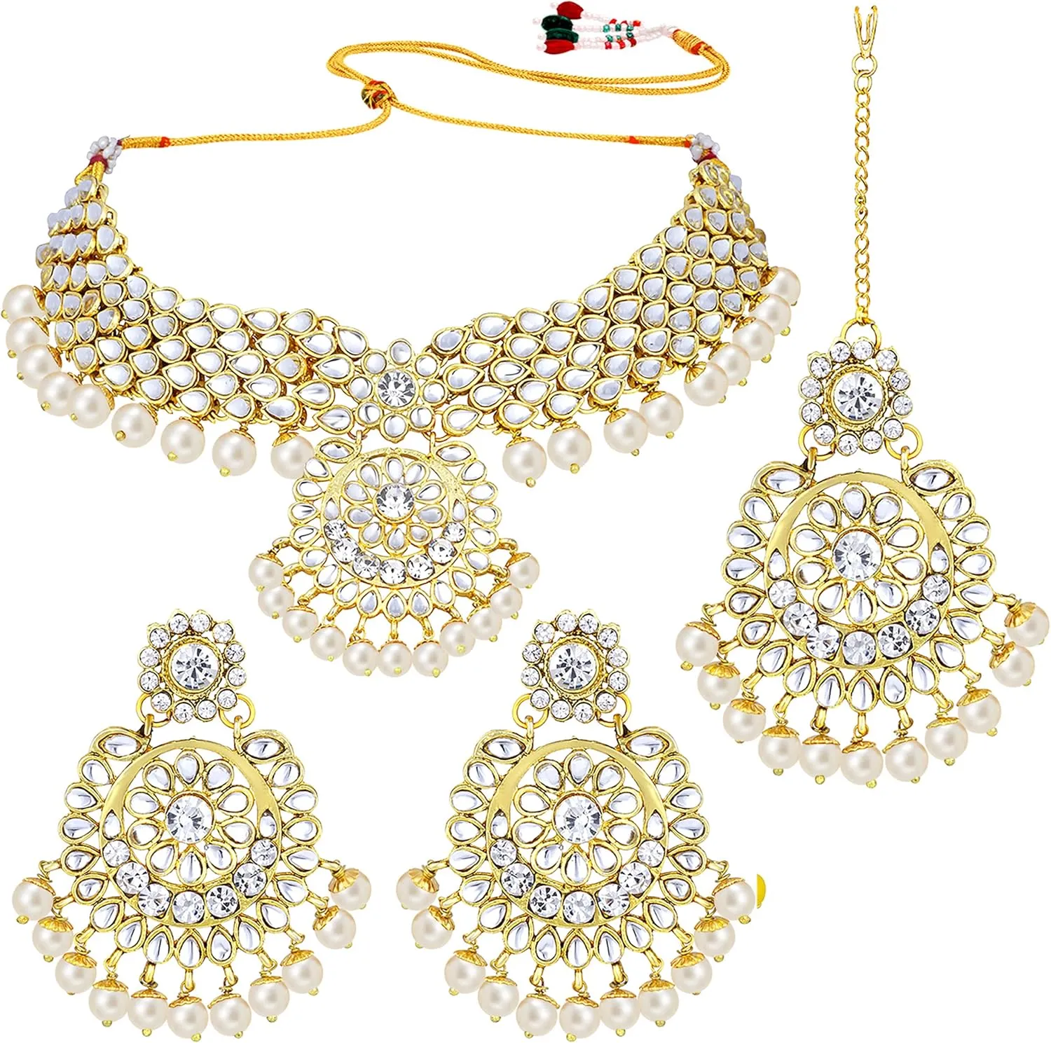 Aheli Elegant Wedding Party Wear Faux Kundan Studded Short Necklace Earrings with Maang Tikka Set Indian Ethnic Bollywood Fashion Jewelry Gift for Women