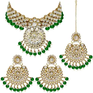 Aheli Elegant Wedding Party Wear Faux Kundan Studded Short Necklace Earrings with Maang Tikka Set Indian Ethnic Bollywood Fashion Jewelry Gift for Women