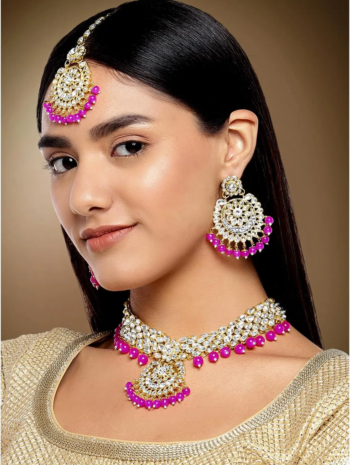 Aheli Elegant Wedding Party Wear Faux Kundan Studded Short Necklace Earrings with Maang Tikka Set Indian Ethnic Bollywood Fashion Jewelry Gift for Women