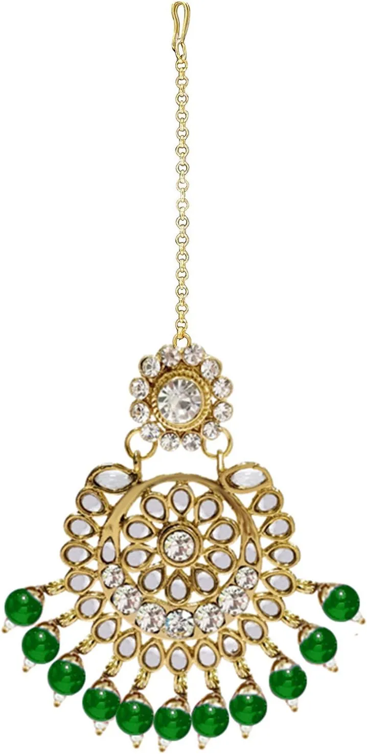 Aheli Elegant Wedding Party Wear Faux Kundan Studded Short Necklace Earrings with Maang Tikka Set Indian Ethnic Bollywood Fashion Jewelry Gift for Women