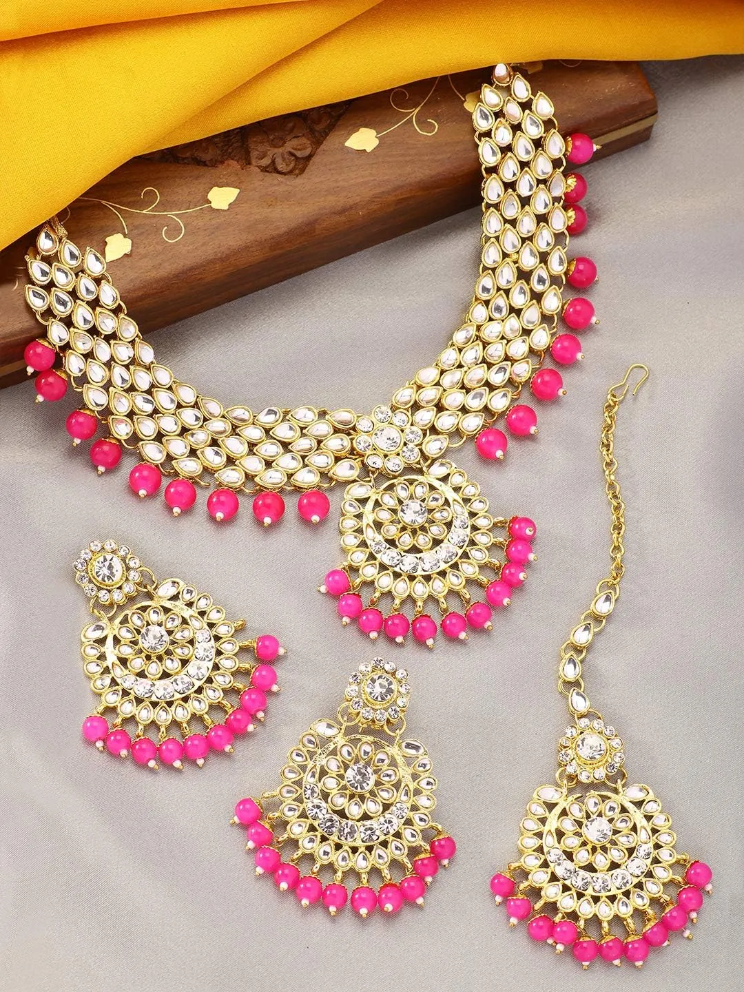Aheli Elegant Wedding Party Wear Faux Kundan Studded Short Necklace Earrings with Maang Tikka Set Indian Ethnic Bollywood Fashion Jewelry Gift for Women