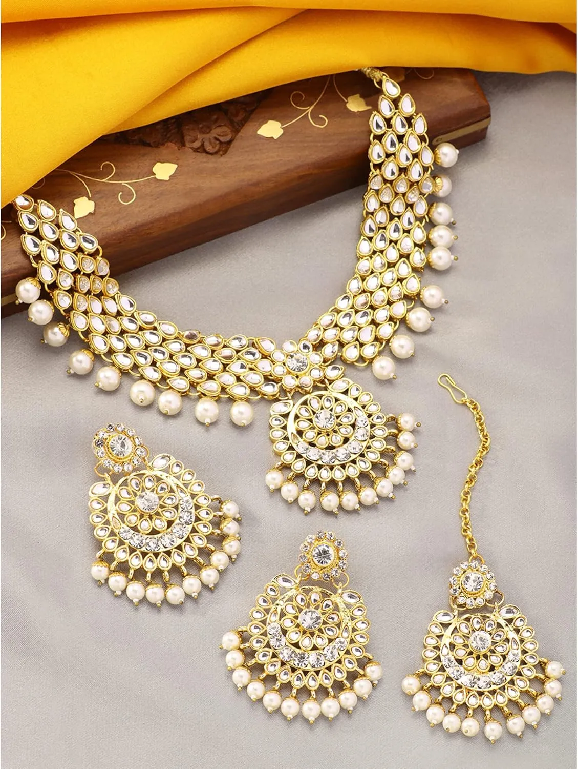 Aheli Elegant Wedding Party Wear Faux Kundan Studded Short Necklace Earrings with Maang Tikka Set Indian Ethnic Bollywood Fashion Jewelry Gift for Women