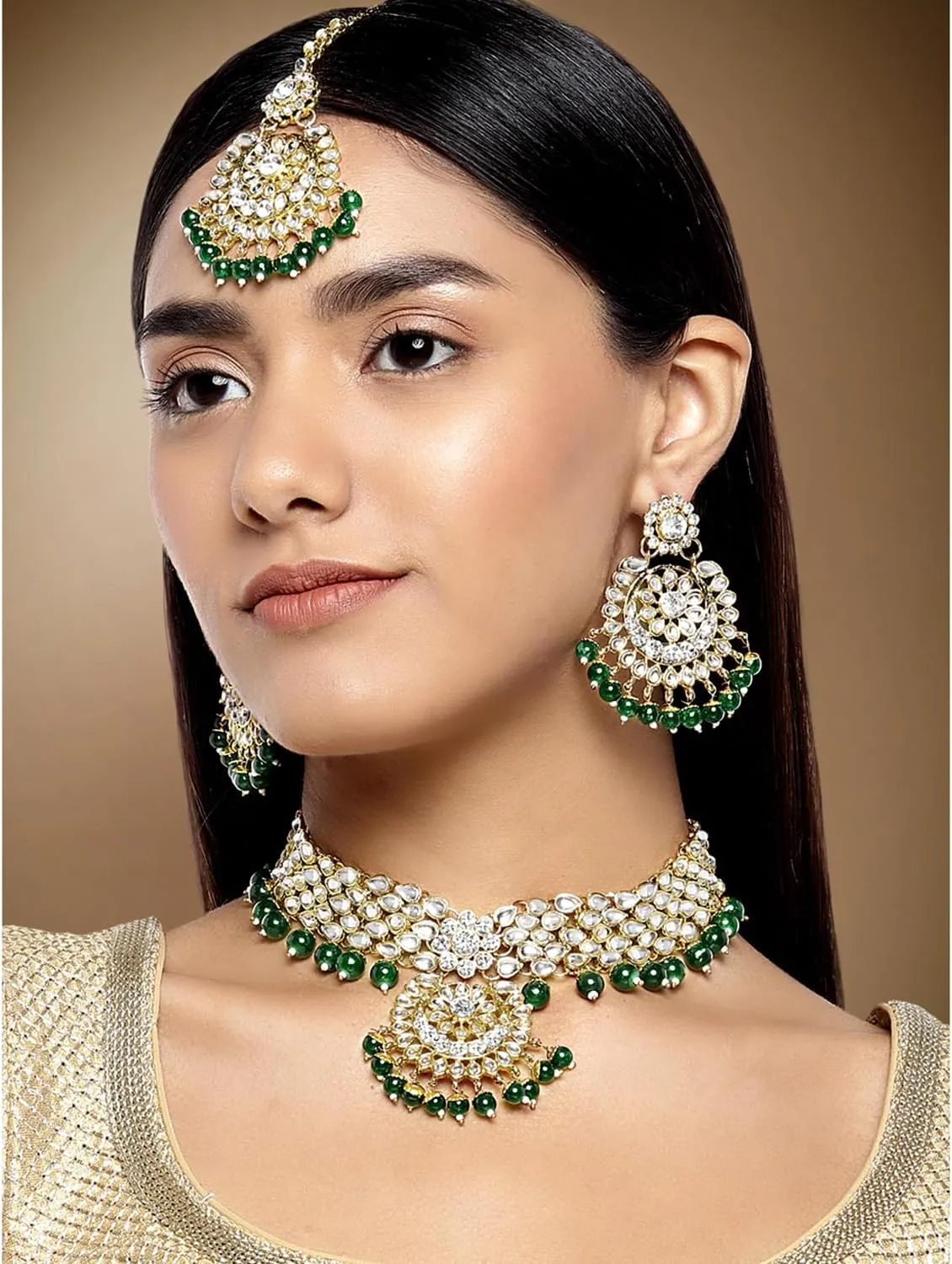 Aheli Elegant Wedding Party Wear Faux Kundan Studded Short Necklace Earrings with Maang Tikka Set Indian Ethnic Bollywood Fashion Jewelry Gift for Women