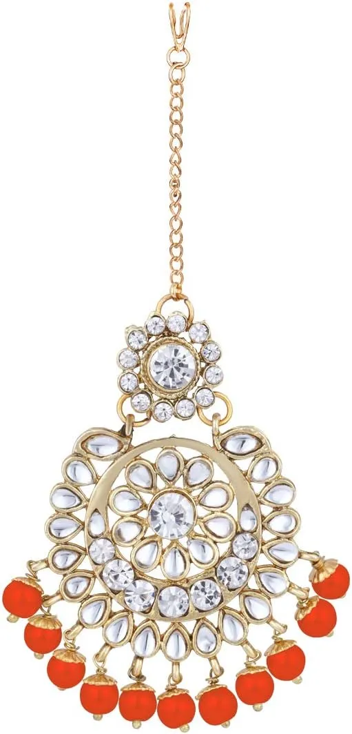 Aheli Elegant Wedding Party Wear Faux Kundan Studded Short Necklace Earrings with Maang Tikka Set Indian Ethnic Bollywood Fashion Jewelry Gift for Women