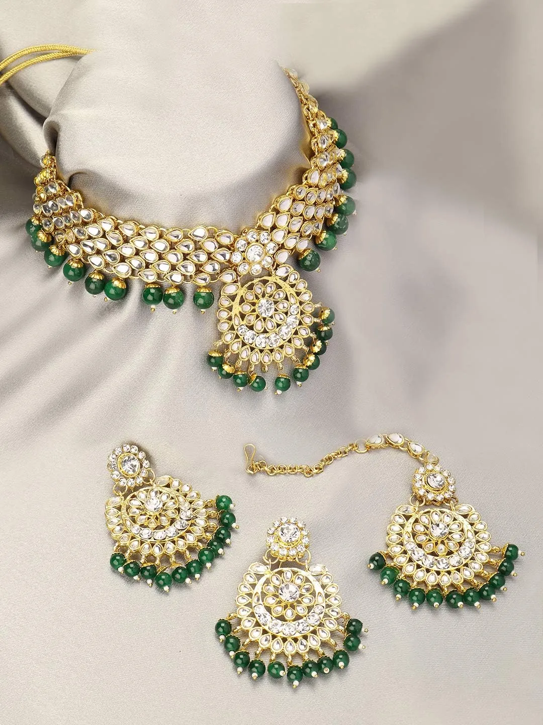 Aheli Elegant Wedding Party Wear Faux Kundan Studded Short Necklace Earrings with Maang Tikka Set Indian Ethnic Bollywood Fashion Jewelry Gift for Women