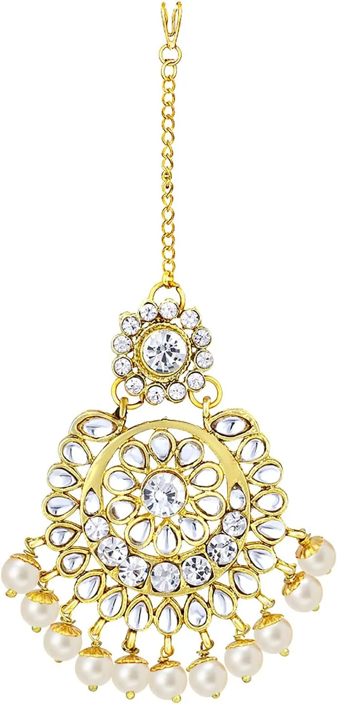 Aheli Elegant Wedding Party Wear Faux Kundan Studded Short Necklace Earrings with Maang Tikka Set Indian Ethnic Bollywood Fashion Jewelry Gift for Women