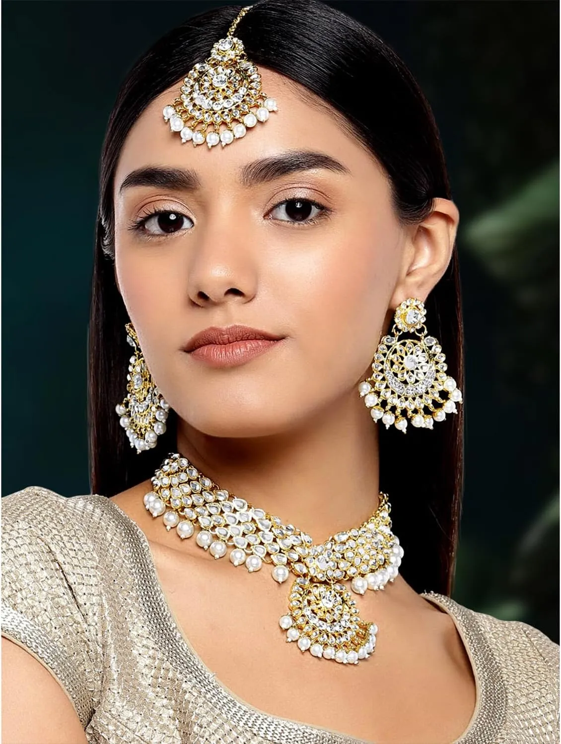 Aheli Elegant Wedding Party Wear Faux Kundan Studded Short Necklace Earrings with Maang Tikka Set Indian Ethnic Bollywood Fashion Jewelry Gift for Women