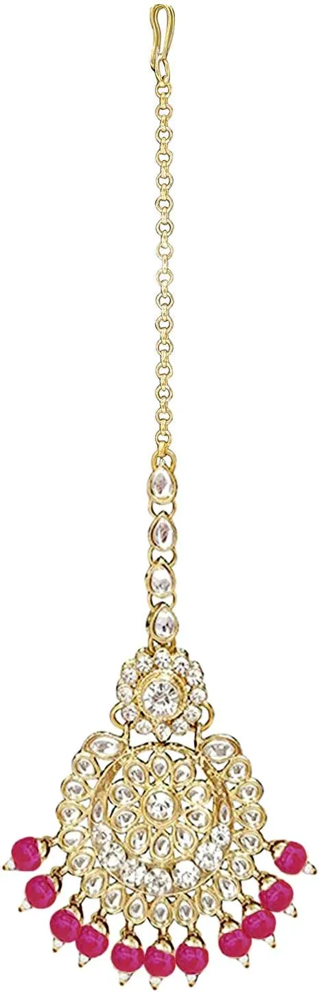 Aheli Elegant Wedding Party Wear Faux Kundan Studded Short Necklace Earrings with Maang Tikka Set Indian Ethnic Bollywood Fashion Jewelry Gift for Women