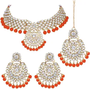 Aheli Elegant Wedding Party Wear Faux Kundan Studded Short Necklace Earrings with Maang Tikka Set Indian Ethnic Bollywood Fashion Jewelry Gift for Women