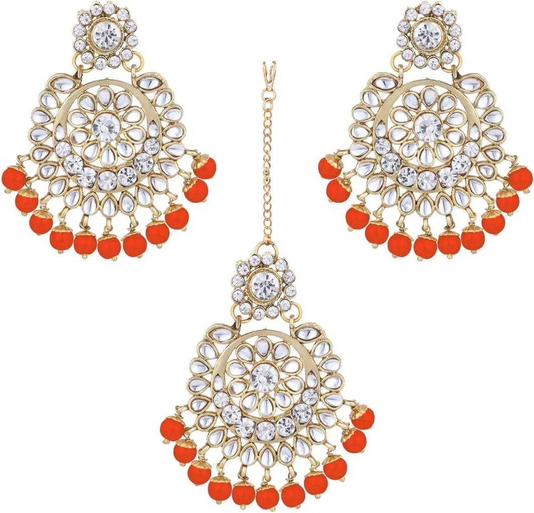Aheli Elegant Wedding Party Wear Faux Kundan Studded Short Necklace Earrings with Maang Tikka Set Indian Ethnic Bollywood Fashion Jewelry Gift for Women