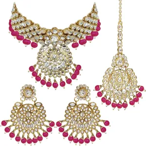 Aheli Elegant Wedding Party Wear Faux Kundan Studded Short Necklace Earrings with Maang Tikka Set Indian Ethnic Bollywood Fashion Jewelry Gift for Women