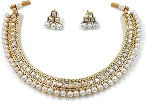 Aheli Ethnic Faux Kundan Pearl Bridal Choker Necklace Indian Traditional Bollywood Jewelry Set with Earrings Gift for Women