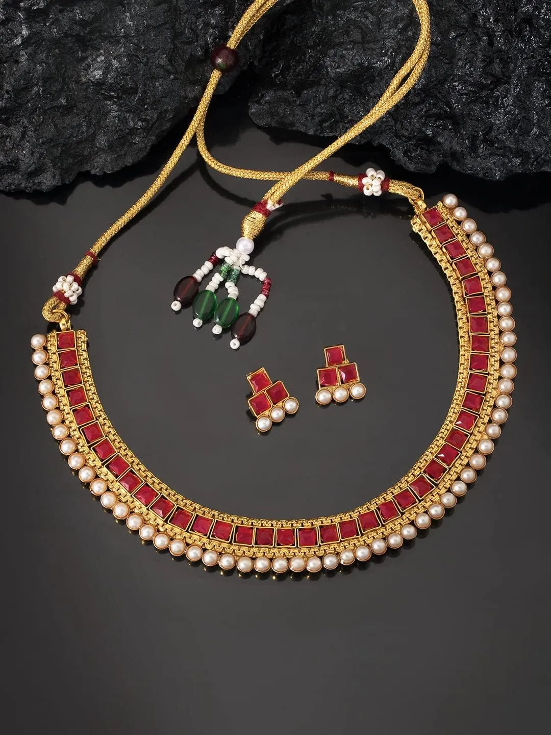 Aheli Ethnic Faux Kundan Pearl Bridal Choker Necklace Indian Traditional Bollywood Jewelry Set with Earrings Gift for Women