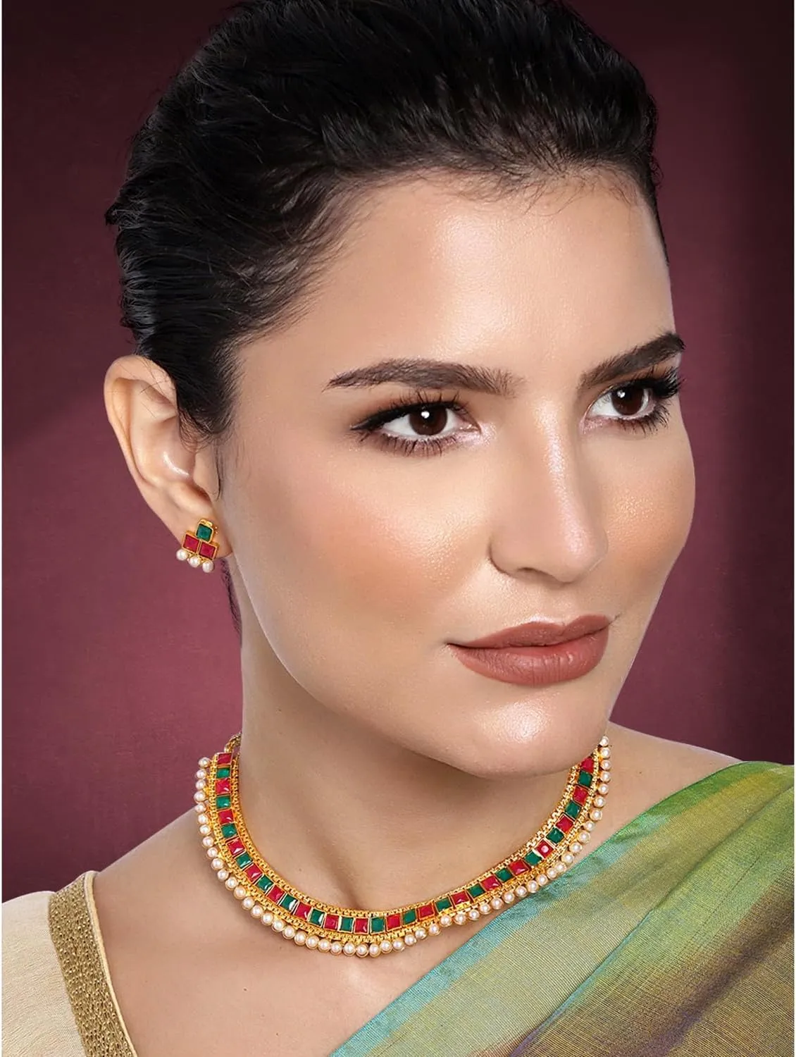 Aheli Ethnic Faux Kundan Pearl Bridal Choker Necklace Indian Traditional Bollywood Jewelry Set with Earrings Gift for Women