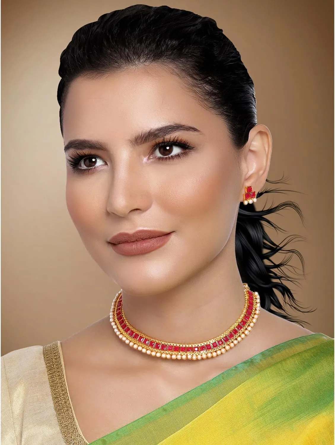 Aheli Ethnic Faux Kundan Pearl Bridal Choker Necklace Indian Traditional Bollywood Jewelry Set with Earrings Gift for Women