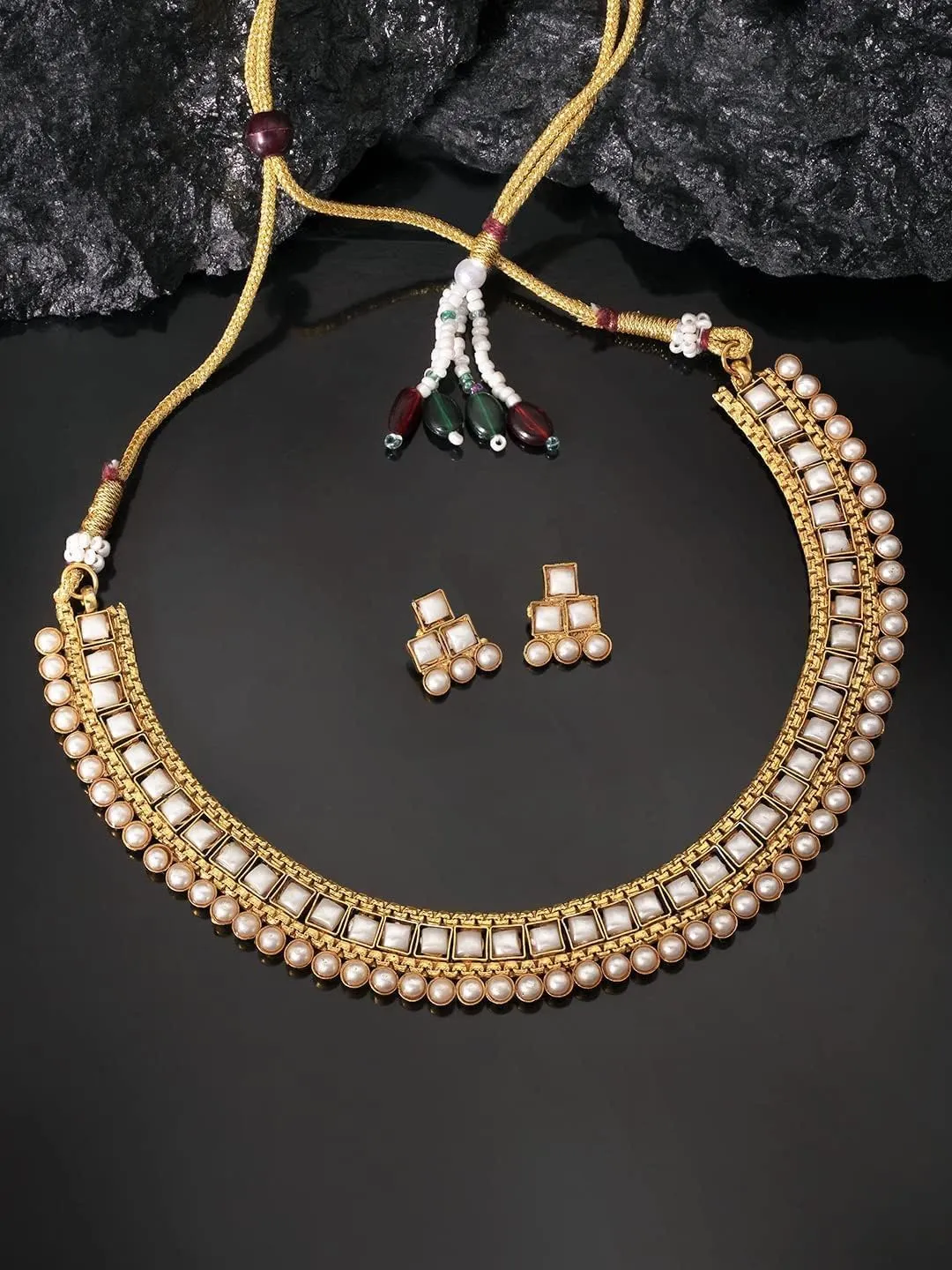 Aheli Ethnic Faux Kundan Pearl Bridal Choker Necklace Indian Traditional Bollywood Jewelry Set with Earrings Gift for Women