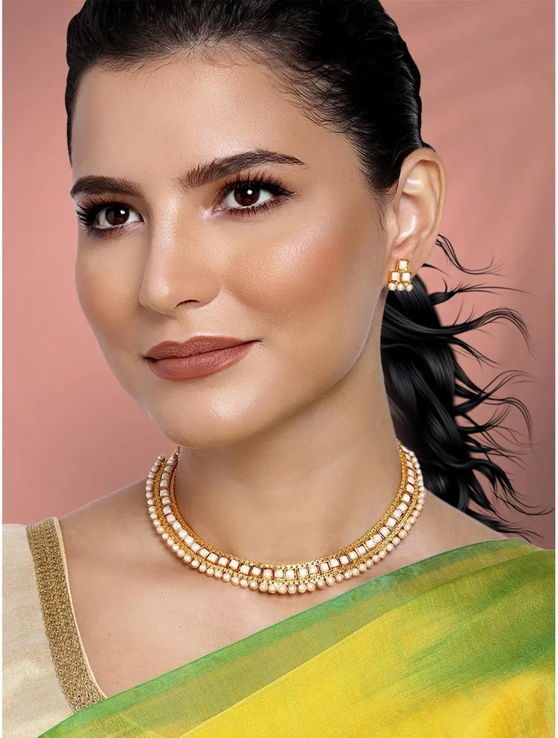 Aheli Ethnic Faux Kundan Pearl Bridal Choker Necklace Indian Traditional Bollywood Jewelry Set with Earrings Gift for Women