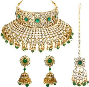 Aheli Ethnic Kundan Pearl Bridal Choker Necklace Earrings with Maang Tikka Gift for Women Indian Traditional Bollywood Fashion Jewelry Set