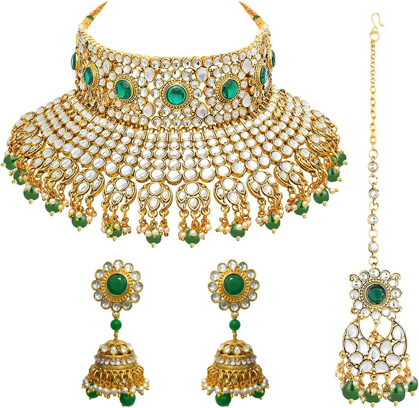 Aheli Ethnic Kundan Pearl Bridal Choker Necklace Earrings with Maang Tikka Gift for Women Indian Traditional Bollywood Fashion Jewelry Set