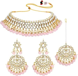 Aheli Faux Kundan Beaded Necklace Earrings Maang Tikka Indian Bollywood Ethnic Jewelry Set Gift for Women