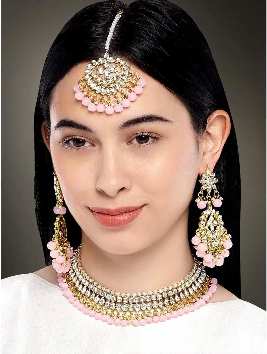 Aheli Faux Kundan Beaded Necklace Earrings Maang Tikka Indian Bollywood Ethnic Jewelry Set Gift for Women
