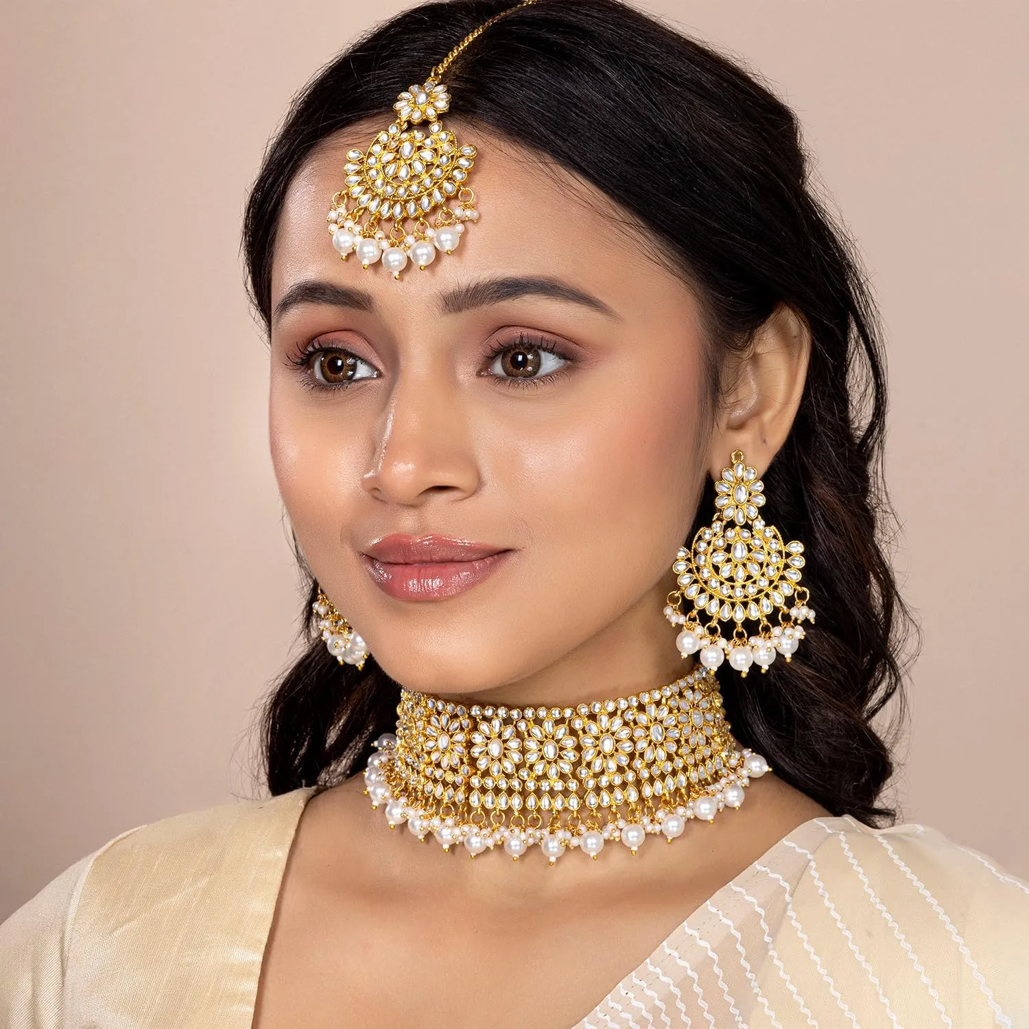 Aheli Faux Pearl Choker Necklace with Earrings Indian Traditional Bollywood Jewelry Set Gift for Women