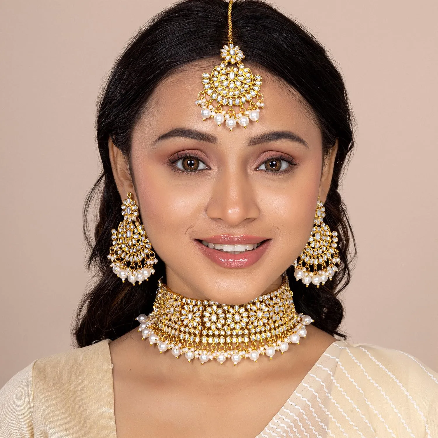 Aheli Faux Pearl Choker Necklace with Earrings Indian Traditional Bollywood Jewelry Set Gift for Women