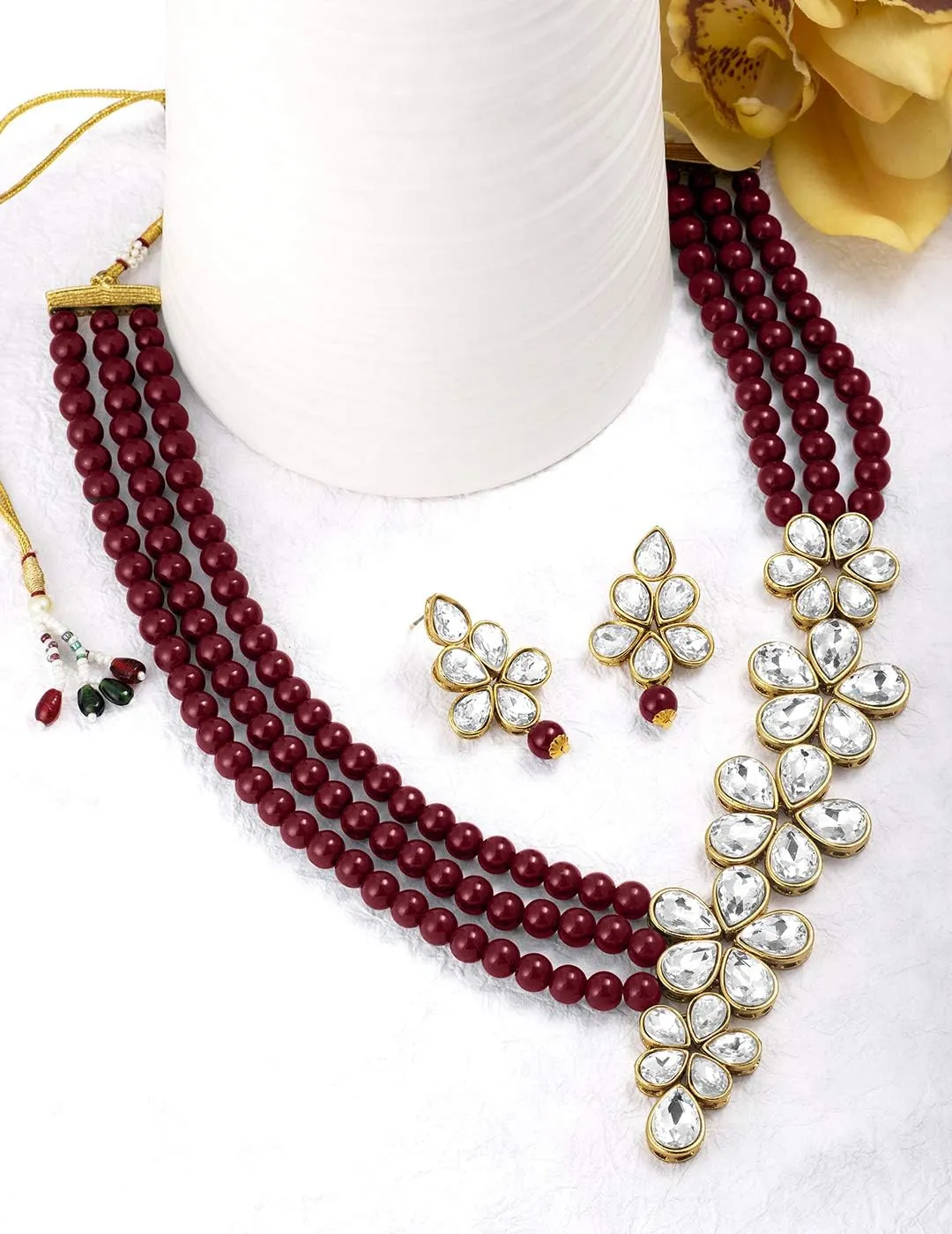 Aheli Floral Crystal Pearl Necklace with Drop Earrings Indian Traditional Bollywood Ethnic Jewelry Set Gift for Women