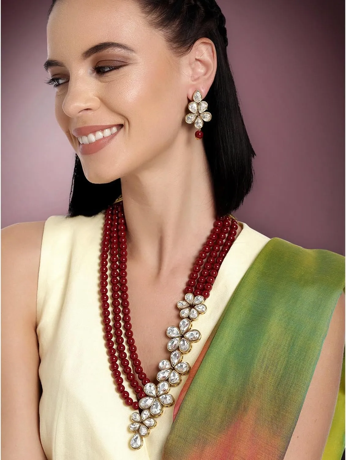 Aheli Floral Crystal Pearl Necklace with Drop Earrings Indian Traditional Bollywood Ethnic Jewelry Set Gift for Women