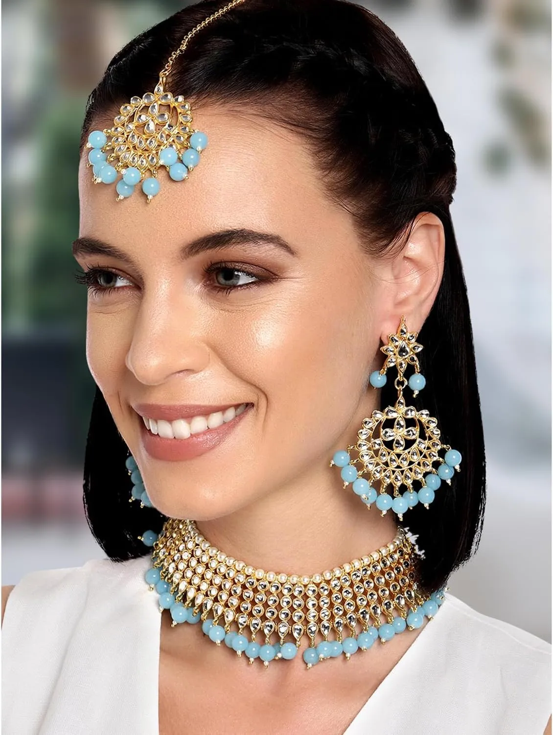 Aheli Indian Blue Color Beaded Necklace Dangle Earrings Maang Tikka Indian Bollywood Style Fashion Ethnic Jewelry Set Gift for Women