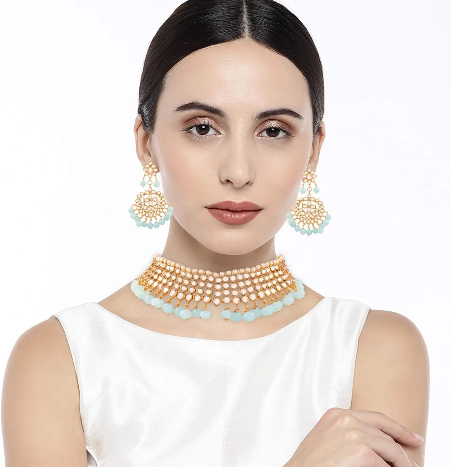 Aheli Indian Blue Color Beaded Necklace Dangle Earrings Maang Tikka Indian Bollywood Style Fashion Ethnic Jewelry Set Gift for Women