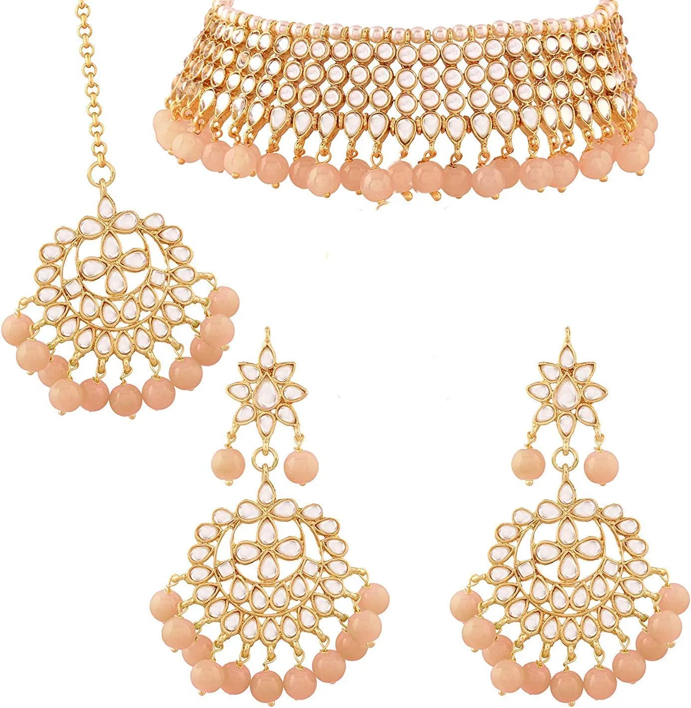Aheli Indian Blue Color Beaded Necklace Dangle Earrings Maang Tikka Indian Bollywood Style Fashion Ethnic Jewelry Set Gift for Women