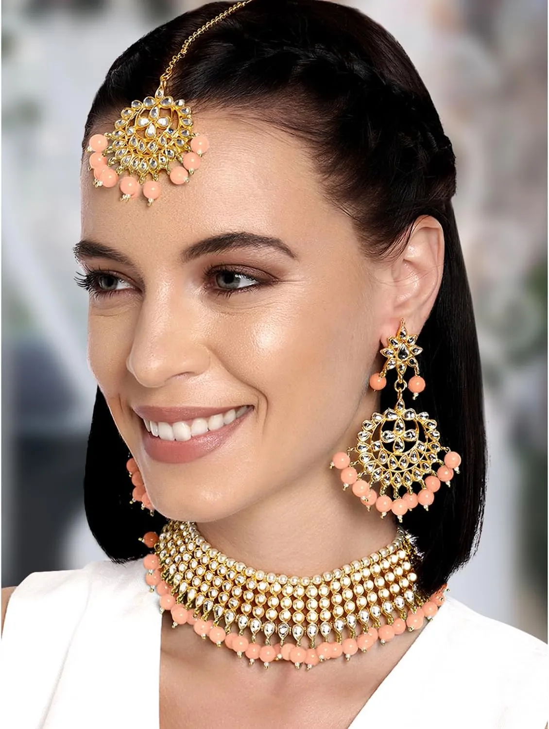 Aheli Indian Blue Color Beaded Necklace Dangle Earrings Maang Tikka Indian Bollywood Style Fashion Ethnic Jewelry Set Gift for Women