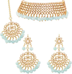 Aheli Indian Blue Color Beaded Necklace Dangle Earrings Maang Tikka Indian Bollywood Style Fashion Ethnic Jewelry Set Gift for Women