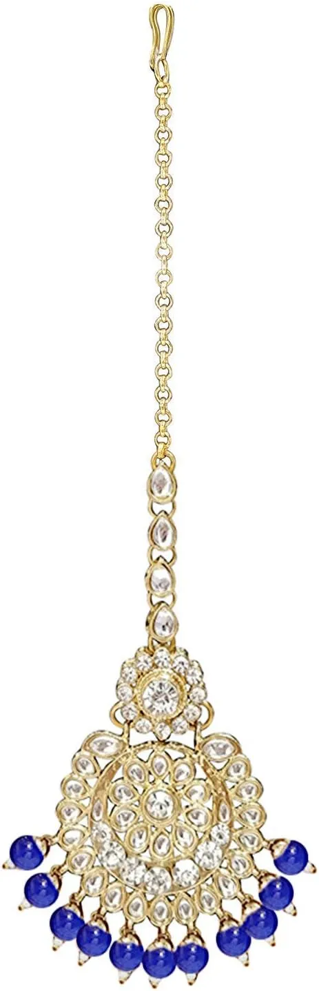 Aheli Indian Ethnic Wedding Faux Kundan Beaded Bridal Long Necklace Earrings with Maang Tikka Traditional Jewellery Set Gift for Women