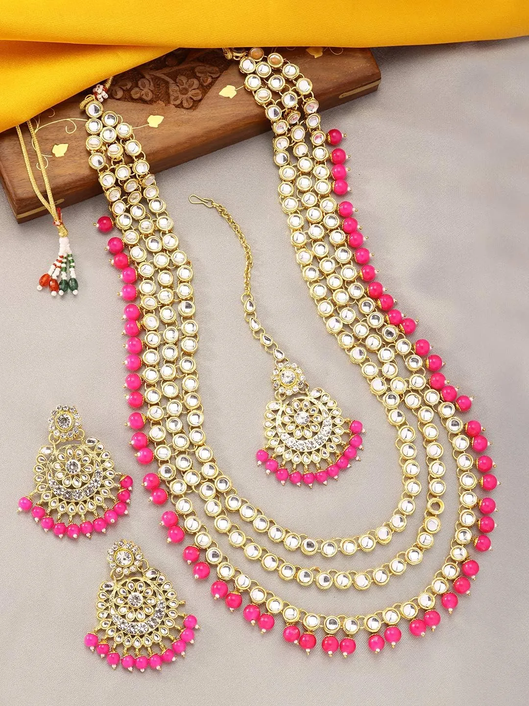 Aheli Indian Ethnic Wedding Faux Kundan Beaded Bridal Long Necklace Earrings with Maang Tikka Traditional Jewellery Set Gift for Women