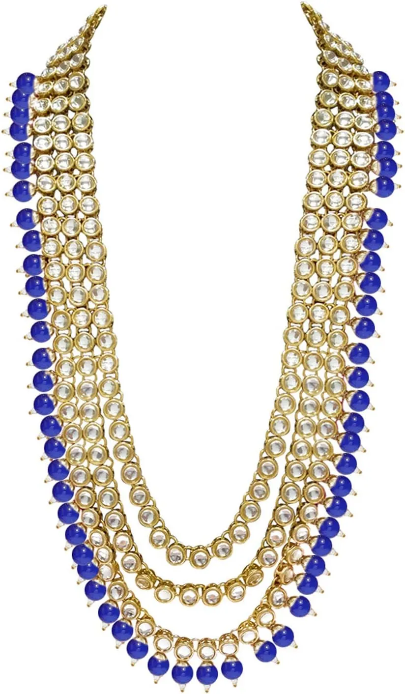 Aheli Indian Ethnic Wedding Faux Kundan Beaded Bridal Long Necklace Earrings with Maang Tikka Traditional Jewellery Set Gift for Women
