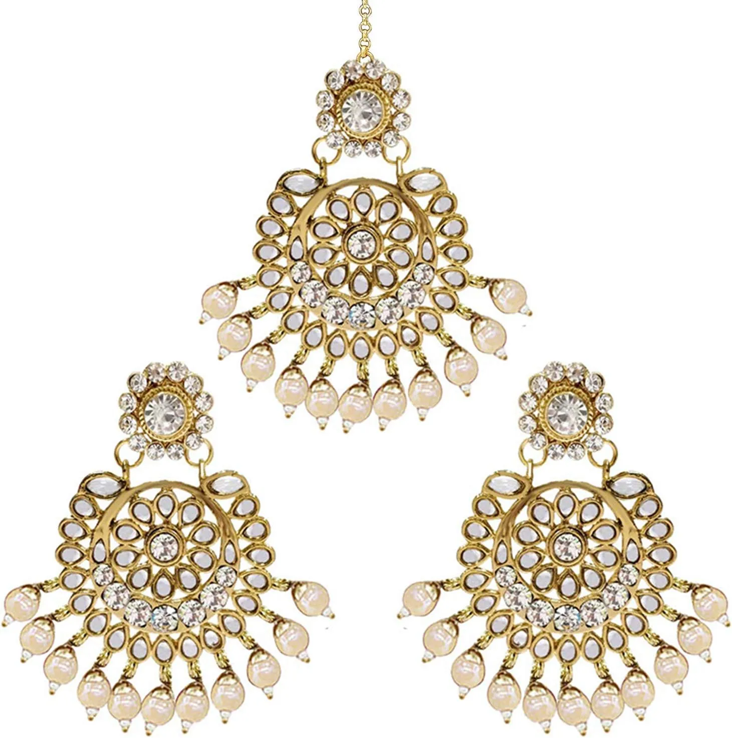 Aheli Indian Ethnic Wedding Faux Kundan Beaded Bridal Long Necklace Earrings with Maang Tikka Traditional Jewellery Set Gift for Women