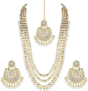 Aheli Indian Ethnic Wedding Faux Kundan Beaded Bridal Long Necklace Earrings with Maang Tikka Traditional Jewellery Set Gift for Women